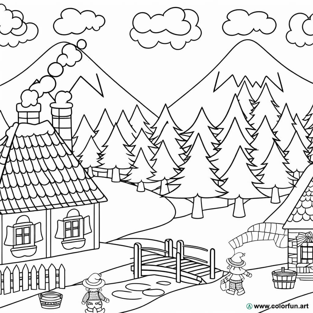 coloriage village montagne