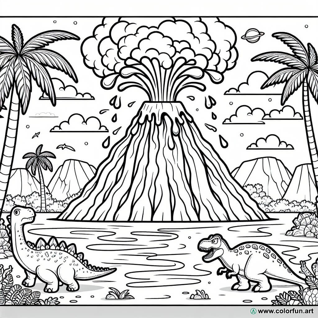 Coloriage d'un volcan avec un dinosaure à Télécharger ou à Imprimer ...