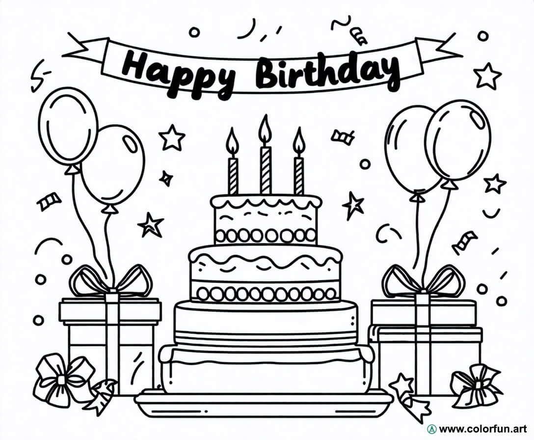 Coloriage pour un joyeux anniversaire avec un gâteau à Télécharger ou à