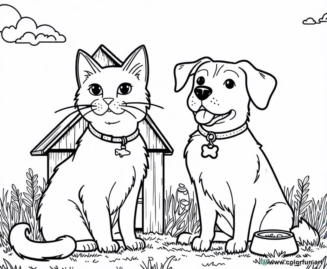 Coloriage réaliste de chat et de chien à Télécharger ou à Imprimer