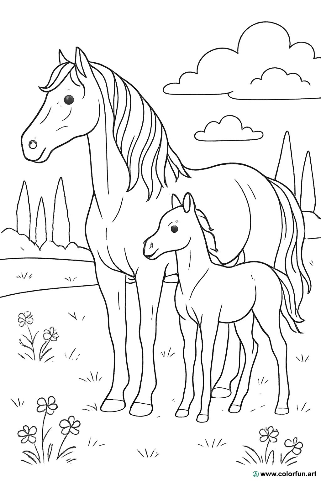 coloriage cheval et poulain réaliste