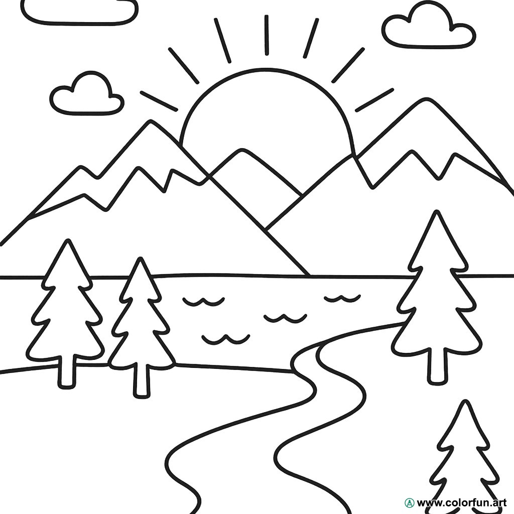 coloriage coucher de soleil montagne