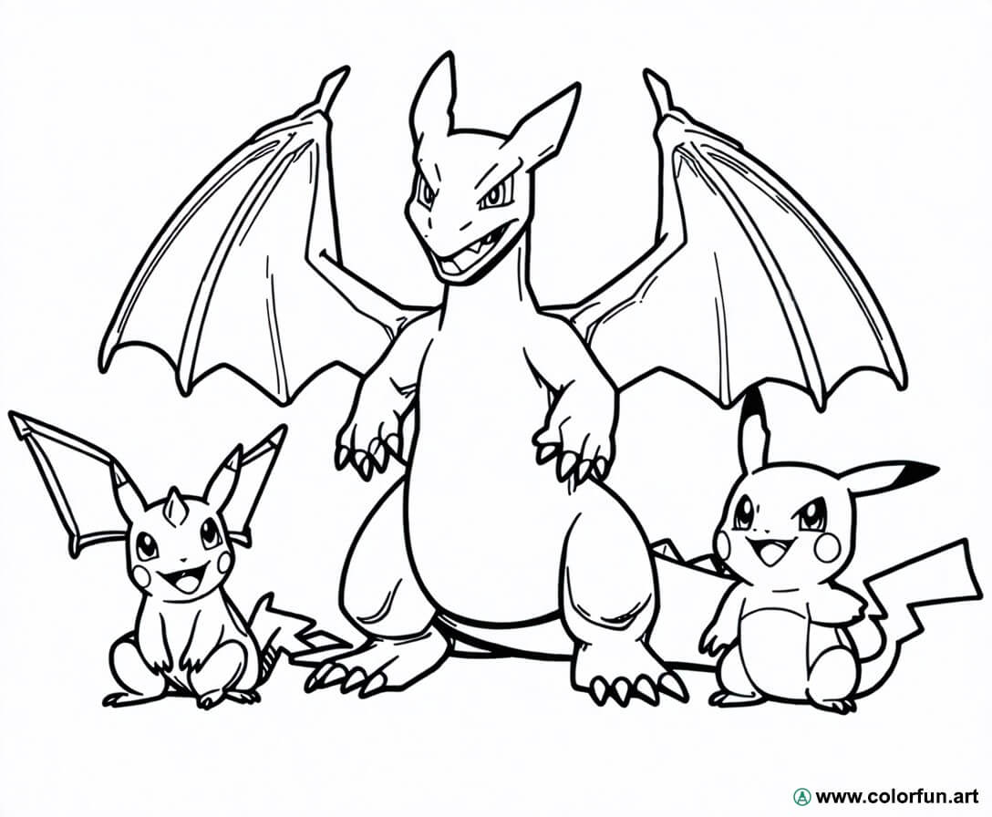 Coloriage de Dracaufeu avec des amis à Télécharger ou à Imprimer