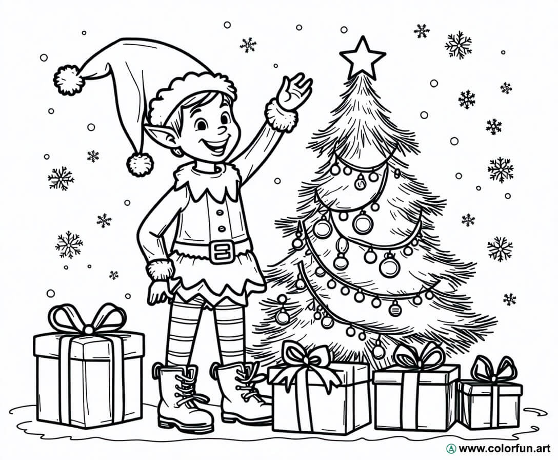 Coloriage du lutin de Noël et du sapin à Télécharger ou à Imprimer
